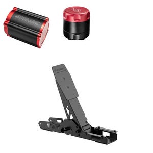May include: An assortment of black and red electronic components. Includes a rectangular device with "SIMAGIC" text, a cylindrical component with "LR" text, and a hinged bracket with "MOZA" text.