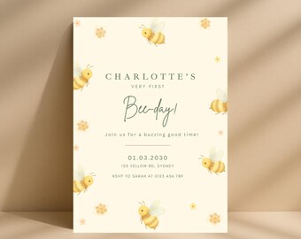 Bee First Birthday Invitation, Bee Birthday Invite, Cute Bee Birthday Invitation, 1st Bee-Day Invite