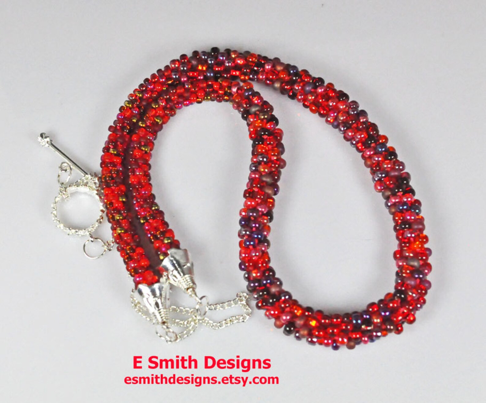 Red beaded necklace with silver tone chain and findings Etsy