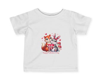 Camiseta para bebé, lindos amigos animales intercambiando regalos para el día de San Valentín, camiseta para niños, mono para bebé, ropa para niños pequeños, regalo del día de San Valentín, animal
