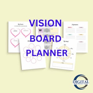 Pode incluir: Um planificador de quadro de visão com diferentes seções para definir metas, incluindo uma roda da vida, uma seção para inspirações e uma seção para desejos. O planificador é impresso em papel branco com detalhes em rosa e amarelo.