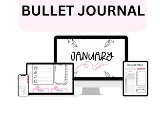 May include: A set of digital bullet journal templates for January. The templates are displayed on a desktop computer, laptop, and smartphone. The templates include a daily planner, a weekly spread, and a monthly calendar.