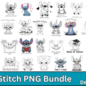 Puede incluir: Un conjunto de 28 dise&ntilde;os digitales con Stitch de Lilo & Stitch. Cada dise&ntilde;o presenta a Stitch en una pose diferente o con un dicho diferente. Los dise&ntilde;os son perfectos para crear camisetas, tazas, bolsas de mano y otras manualidades.