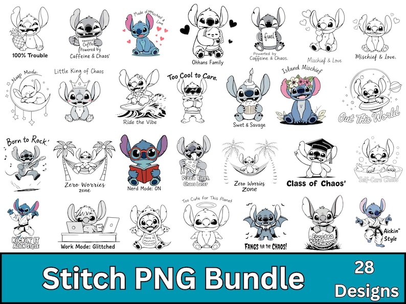 Puede incluir: Un conjunto de 28 dise&ntilde;os digitales con Stitch de Lilo & Stitch. Cada dise&ntilde;o presenta a Stitch en una pose diferente o con un dicho diferente. Los dise&ntilde;os son perfectos para crear camisetas, tazas, bolsas de mano y otras manualidades.