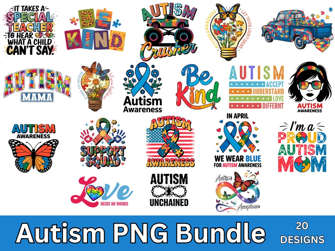 Autism Awareness PNG Bundle: 20 Designs for Shirts, Mugs (digital ...