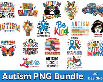 Pode incluir: Uma coleção de designs coloridos com temas de conscientização sobre o autismo. As imagens incluem textos como "Be Kind", "Autism Awareness" e "I'm a Proud Autism Mom". Há também peças de quebra-cabeça, borboletas e um caminhão azul.