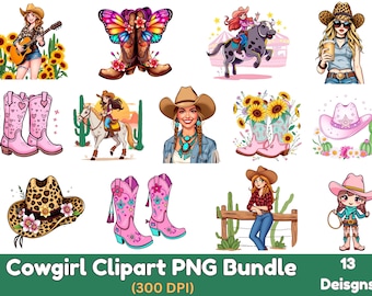 Retro Cowgirl Clipart PNG Bundle, Western Illustrations