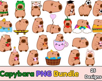 Kawaii Capybara PNG Bundle: Animal Clipart, Digital Stickers (300 DPI, 25 Files)
