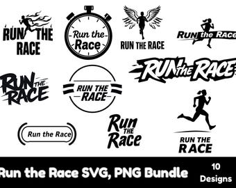 Puede incluir: Un conjunto de diez diseños en blanco y negro "Run the Race" en formatos SVG y PNG. Los diseños incluyen texto y figuras de corredores, con variaciones en la fuente y el diseño. La parte inferior de la imagen muestra el texto "Run the Race SVG, PNG Bundle" y "10 Designs."