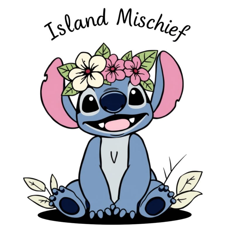 Puede incluir: Un personaje de dibujos animados azul con grandes orejas rosas que lleva una corona de flores. El personaje est&aacute; sentado con las piernas cruzadas y tiene una gran sonrisa. El texto "Island Mischief" est&aacute; escrito encima del personaje.