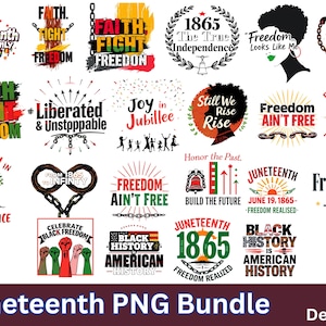 Może przedstawiać: Kolekcja 22 projektów PNG na Juneteenth z różnymi grafikami i elementami tekstowymi. Projekty zawierają frazy takie jak "Faith Fight Freedom", "Freedom Ain't Free" i "Black History is American History".