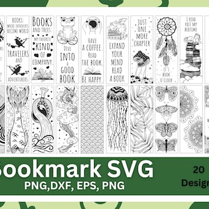 Könnte beinhalten: Eine Sammlung von 20 schwarz-weißen Lesezeichen-Designs mit verschiedenen Illustrationen und Zitaten. Die Lesezeichen zeigen Bilder eines Außerirdischen, eines Frosches, eines Traumfängers und mehr. Die Wörter "Bookmark SVG" und "20 Designs" sind ebenfalls sichtbar.