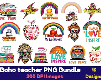 Boho Teacher PNG Bundle: School & Book Lover Designs (Digital Download, 300 DPI)