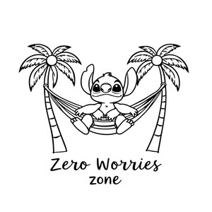 Puede incluir: Un dibujo en blanco y negro de un personaje de dibujos animados relaj&aacute;ndose en una hamaca entre dos palmeras. El texto "Zero Worries Zone" est&aacute; debajo de la hamaca.