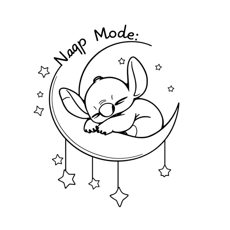 Puede incluir: Dibujo en blanco y negro de un personaje de dibujos animados durmiendo en una luna creciente. La luna tiene estrellas colgando de ella. El texto "Nap Mode:" est&aacute; por encima de la luna.