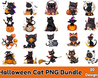 Halloween Cat PNG Bundle: Spooky Black Cat Designs (Digital Download, 20 Files)