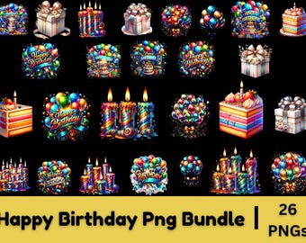 Paquete de imágenes prediseñadas de cumpleaños en acuarela: globos, pastel y regalos (PNG)