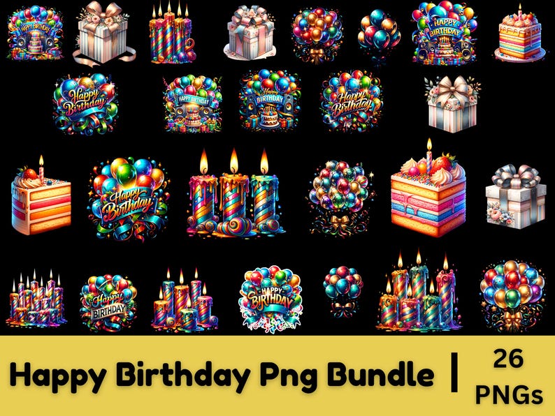 Watercolor Birthday Clipart Bundle, Balloons, Cake, Gifts (PNG) - Etsy