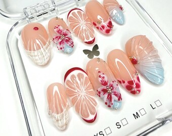 3D Citrus Blossom Press On Nails | Handmade Floral Fruit Nail Art Set
