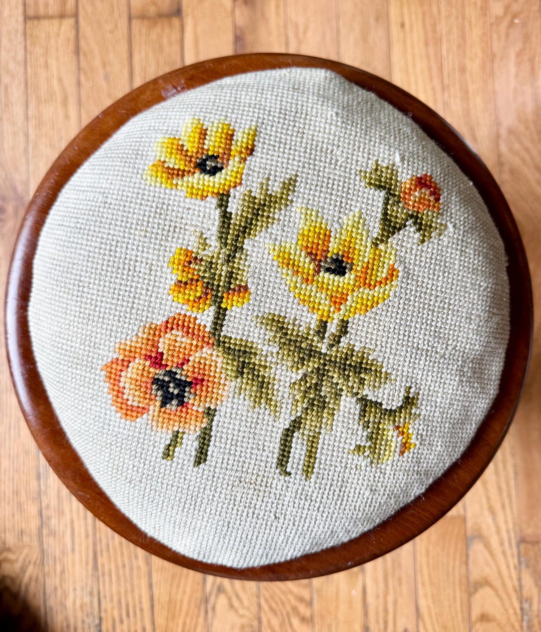 Vintage Needlepoint Footstool | Wooden Tripod Stool With Floral ...