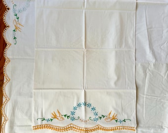 Rare 3-Piece Antique Sheet and Pillowcase Set – Hand-Embroidered Bluebirds & Yellow Scalloped Crochet Lace