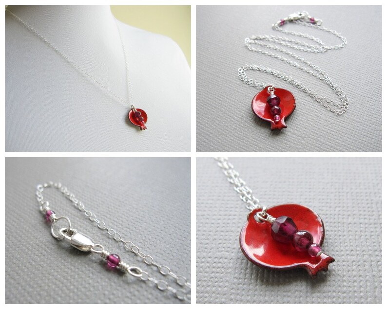 Pomegranate Necklace Red Enamel Judaica Garnet Sterling Silver image 5