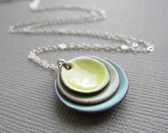 Citron Yellow Tea Green  Mint Modern Minimalist Enamel Necklace Sterling Silver