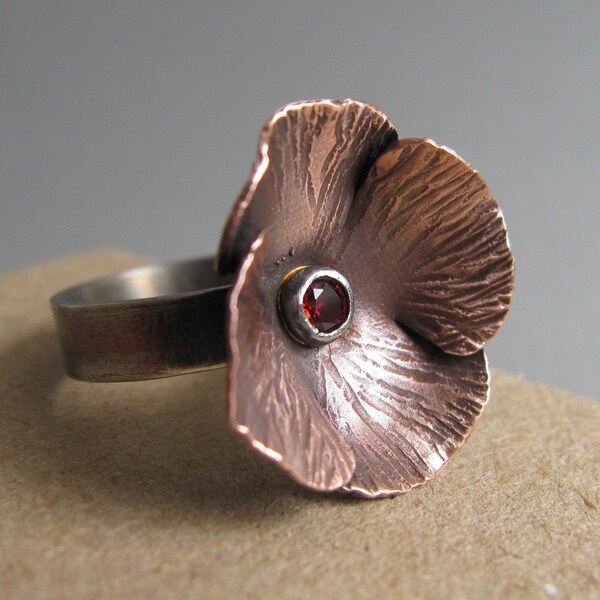 Copper Flower Ring Red Garnet Poppy Blossom Sterling Silver Mixed Metal Size 6 Ring