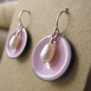 Pink Enamel White Pearl Modern Minimalist Circle Earrings image 5