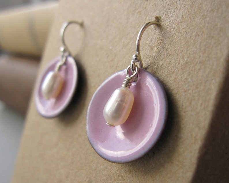 Pink Enamel White Pearl Modern Minimalist Circle Earrings image 5