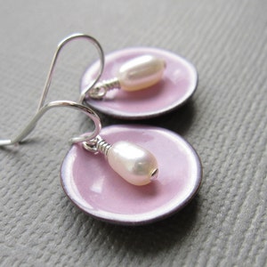 Pink Enamel White Pearl Modern Minimalist Circle Earrings image 1