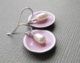 Pink Enamel White Pearl Modern Minimalist Circle Earrings