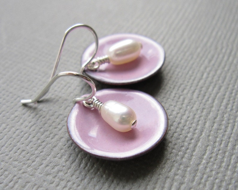 Pink Enamel White Pearl Modern Minimalist Circle Earrings image 1