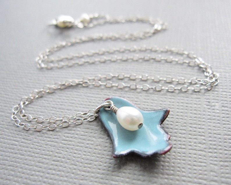 Robins Egg Blue Hamsa Necklace Enamel White Pearl Judaica Sterling Silver image 3