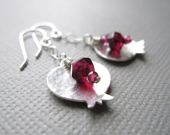 Sterling Silver Pomegranate Earrings Red Garnet Judaica