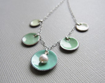 Ombre Mint Green Enamel Necklace Gray Pearl