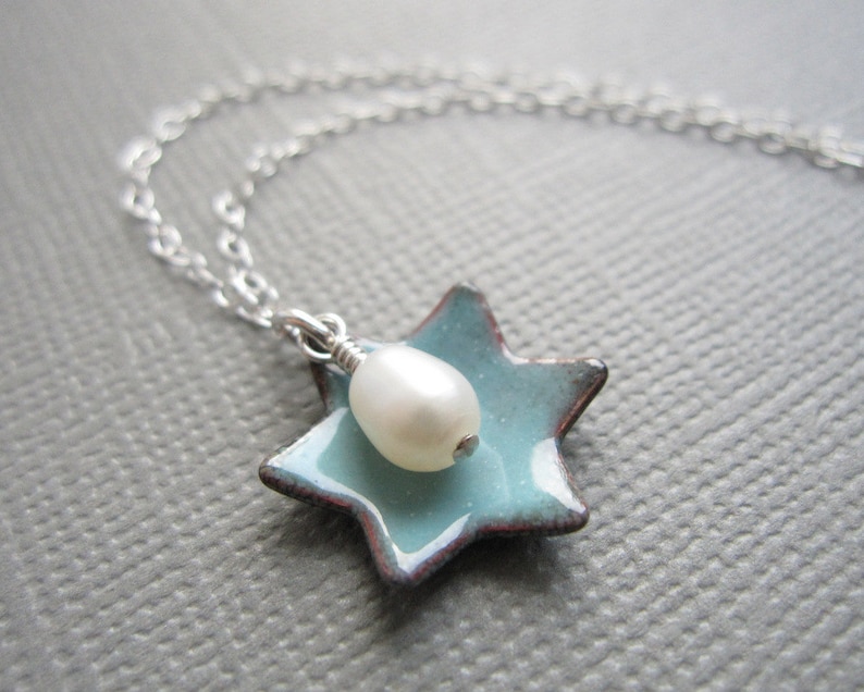 Dusk Blue Jewish Star of David Necklace Enamel White Pearl Sterling Silver image 4