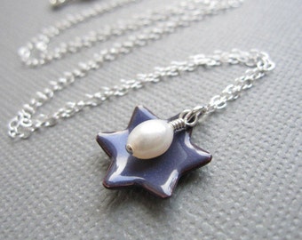 Purple Jewish Star of David Necklace White Pearl Sterling Silver African Violet Enamel