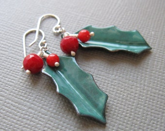 Holly Berry Christmas Earrings Green Enamel Red Coral