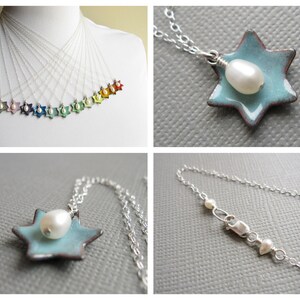 Dusk Blue Jewish Star of David Necklace Enamel White Pearl Sterling Silver image 5