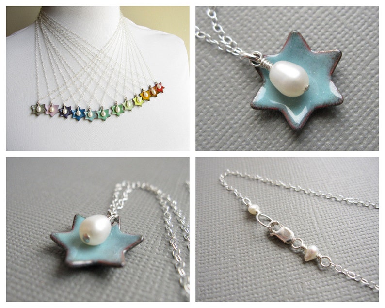 Dusk Blue Jewish Star of David Necklace Enamel White Pearl Sterling Silver image 5