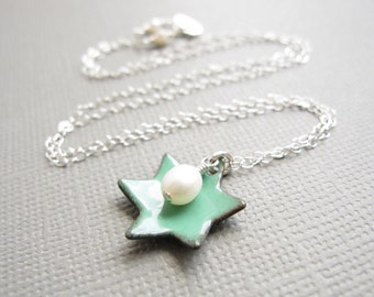 Mint Green Jewish Star of David Necklace Enamel White Pearl Sterling Silver