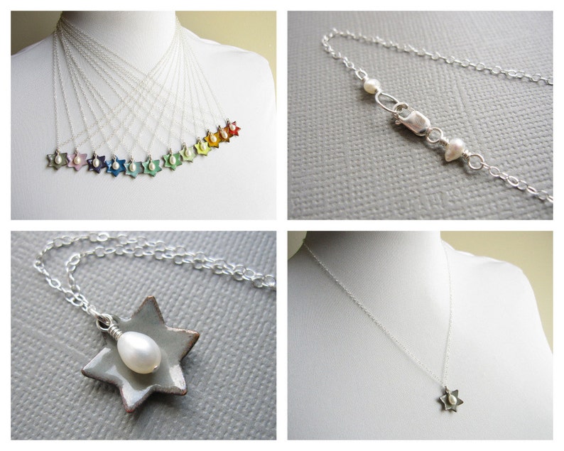 Dove Gray Jewish Star of David Necklace White Pearl Sterling Silver Enamel image 5