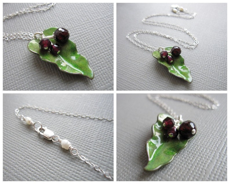 Green Enamel Leaf Necklace Red Garnet image 5