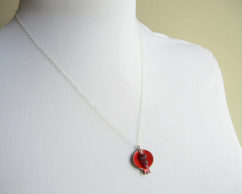 Pomegranate Necklace Red Enamel Judaica Garnet Sterling Silver image 3