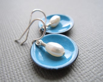 French Blue Modern Minimalist Earrings White Pearl