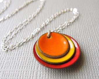 Sparks Fly Red Gold Yellow Orange Enamel Circle Necklace