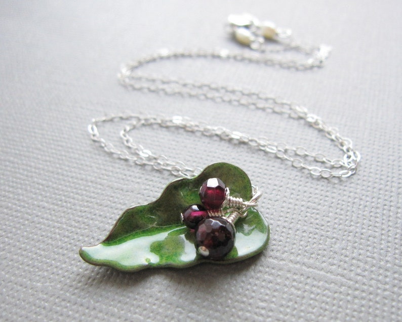 Green Enamel Leaf Necklace Red Garnet image 3