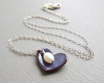 Purple Heart Necklace White Pearl Sterling Silver Enamel