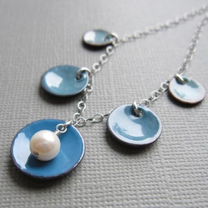 Ombre Dusk Blue Enamel Necklace White Pearl Sterling Silver image 1